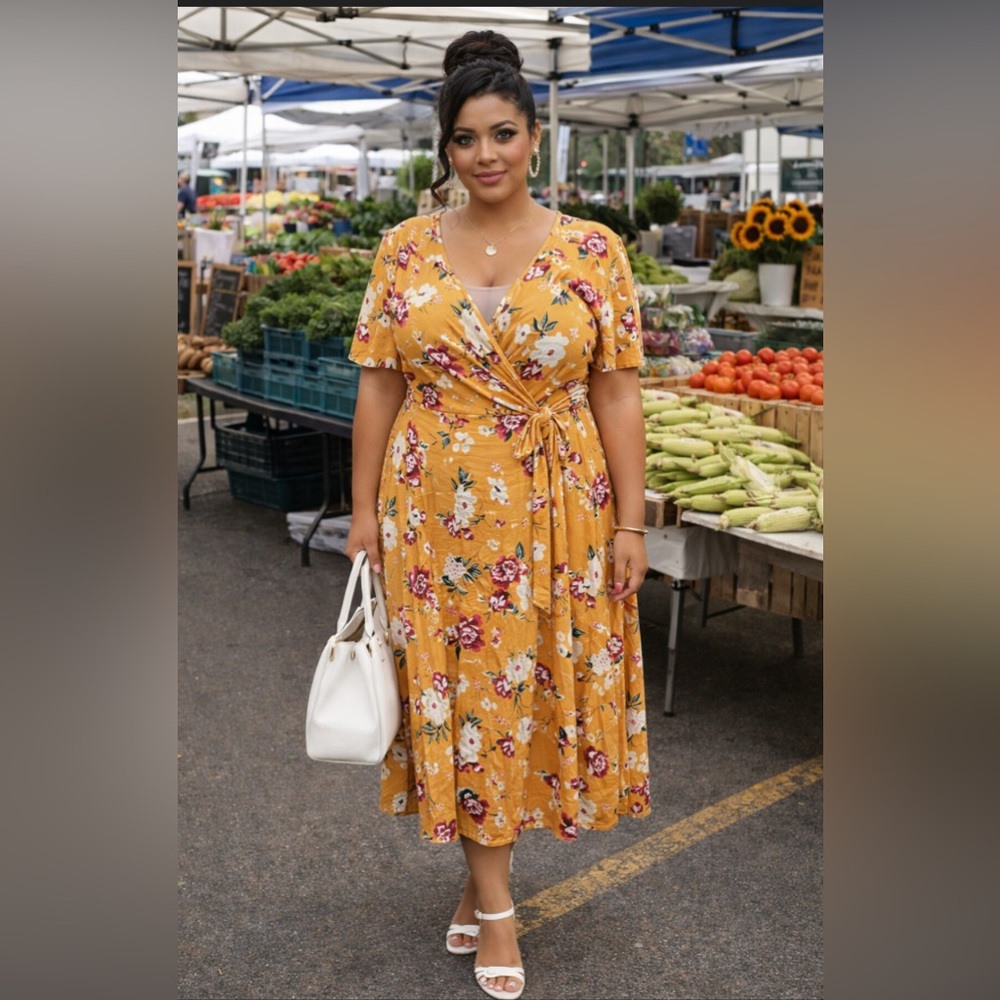 NWT Pin up Fashion Gold yellow floral Wrap Dress size 24 💐🌼🌼🌻 L CL OB Red black